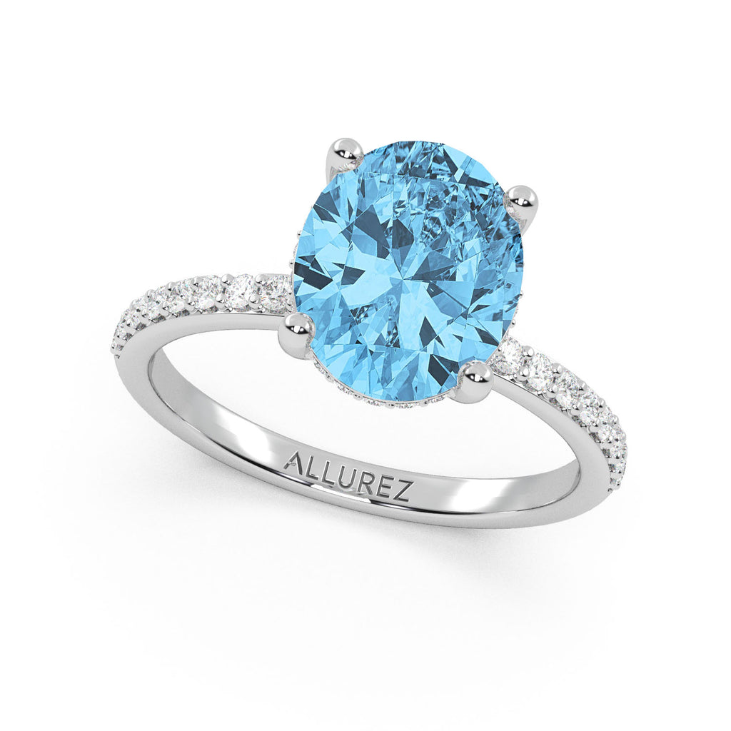 Oval Cut Blue Topaz with Diamond Halo Engagement Ring 14K White Gold (4.77ct)