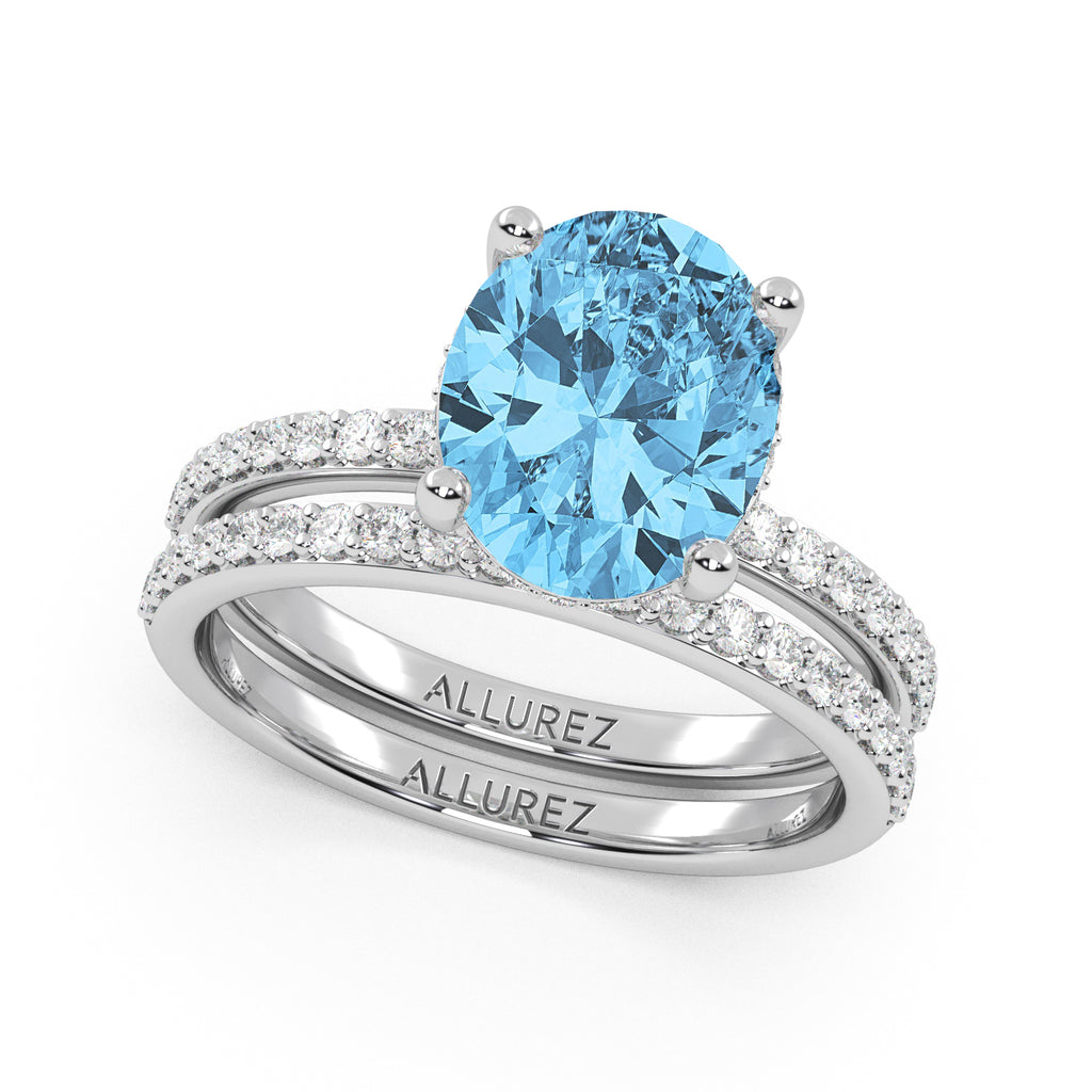 Oval Cut Blue Topaz with Diamond Halo Bridal Ring Set 14K White Gold (4.99ct)