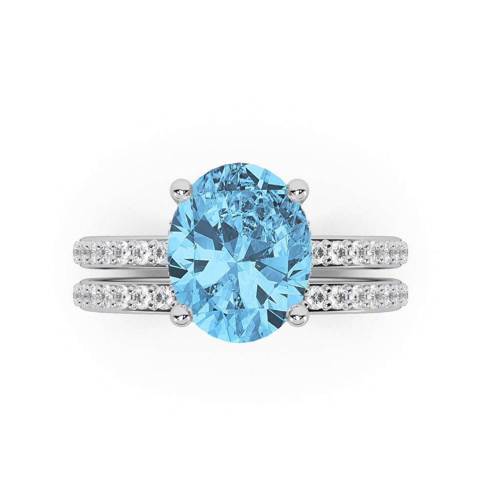 Oval Cut Blue Topaz with Diamond Halo Bridal Ring Set 14K White Gold (4.99ct)