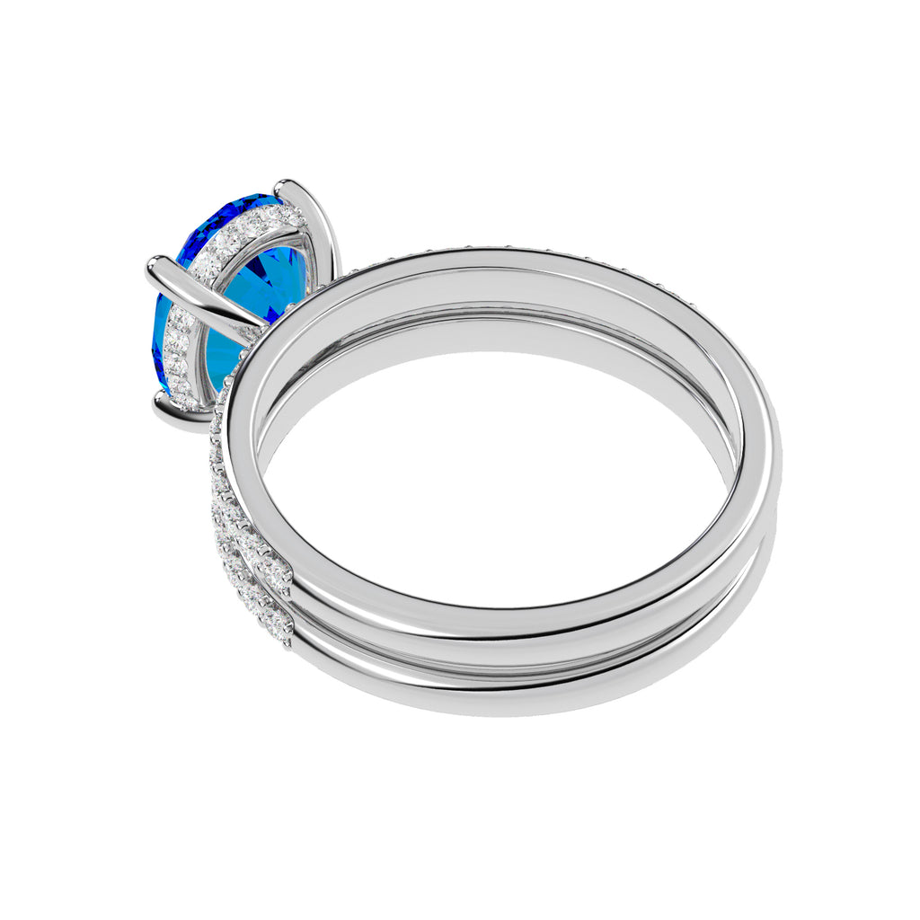 Oval Cut Blue Topaz with Diamond Halo Bridal Ring Set 14K White Gold (4.99ct)