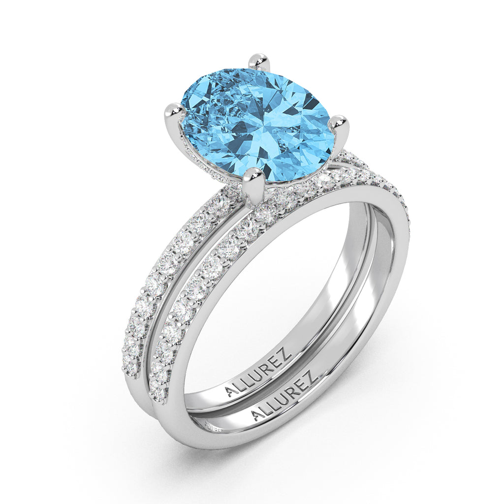 Oval Cut Blue Topaz with Diamond Halo Bridal Ring Set 14K White Gold (4.99ct)