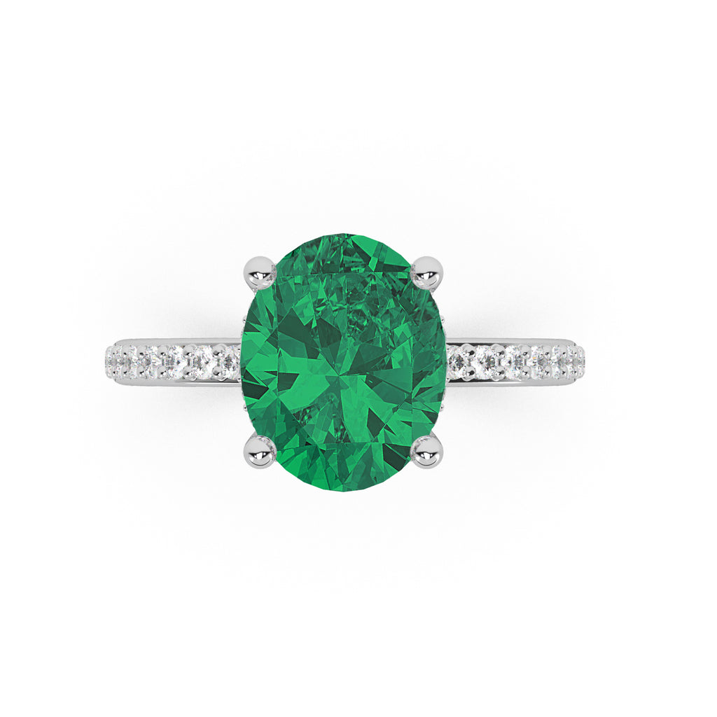 Oval Cut Emerald with Hidden Halo  Engagement Ring 14K White Gold (4.02ct)