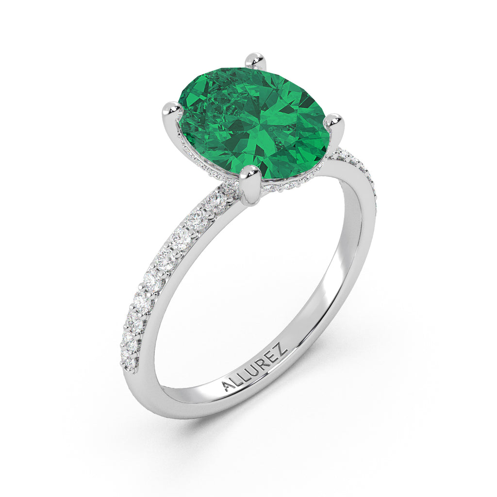 Oval Cut Emerald with Hidden Halo  Engagement Ring 14K White Gold (4.02ct)