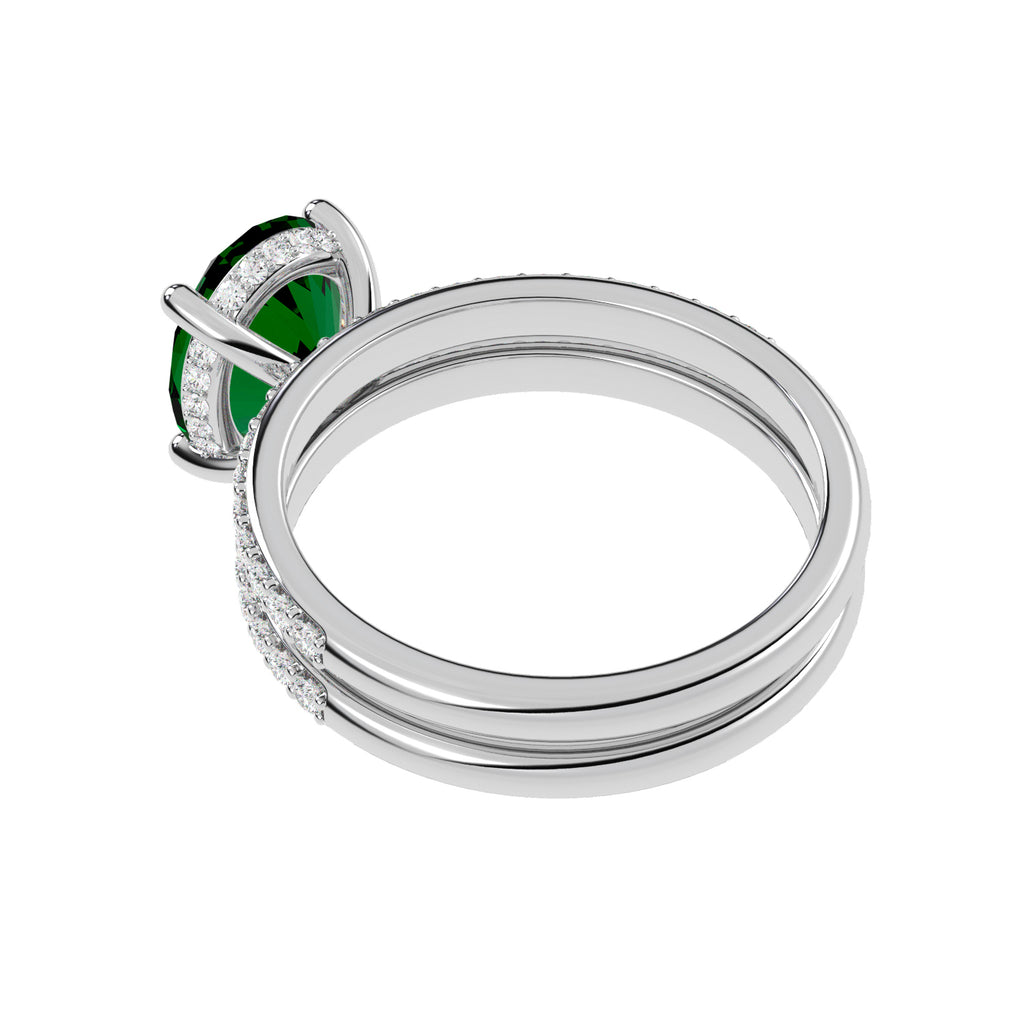 Oval Cut Lab Emerald with Hidden Halo Bridal Ring Set 14K White Gold (4.24ct)
