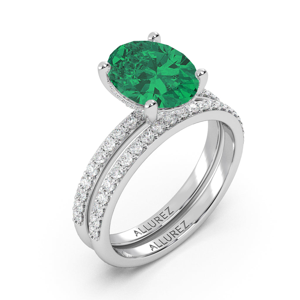 Oval Cut Lab Emerald with Hidden Halo Bridal Ring Set 14K White Gold (4.24ct)