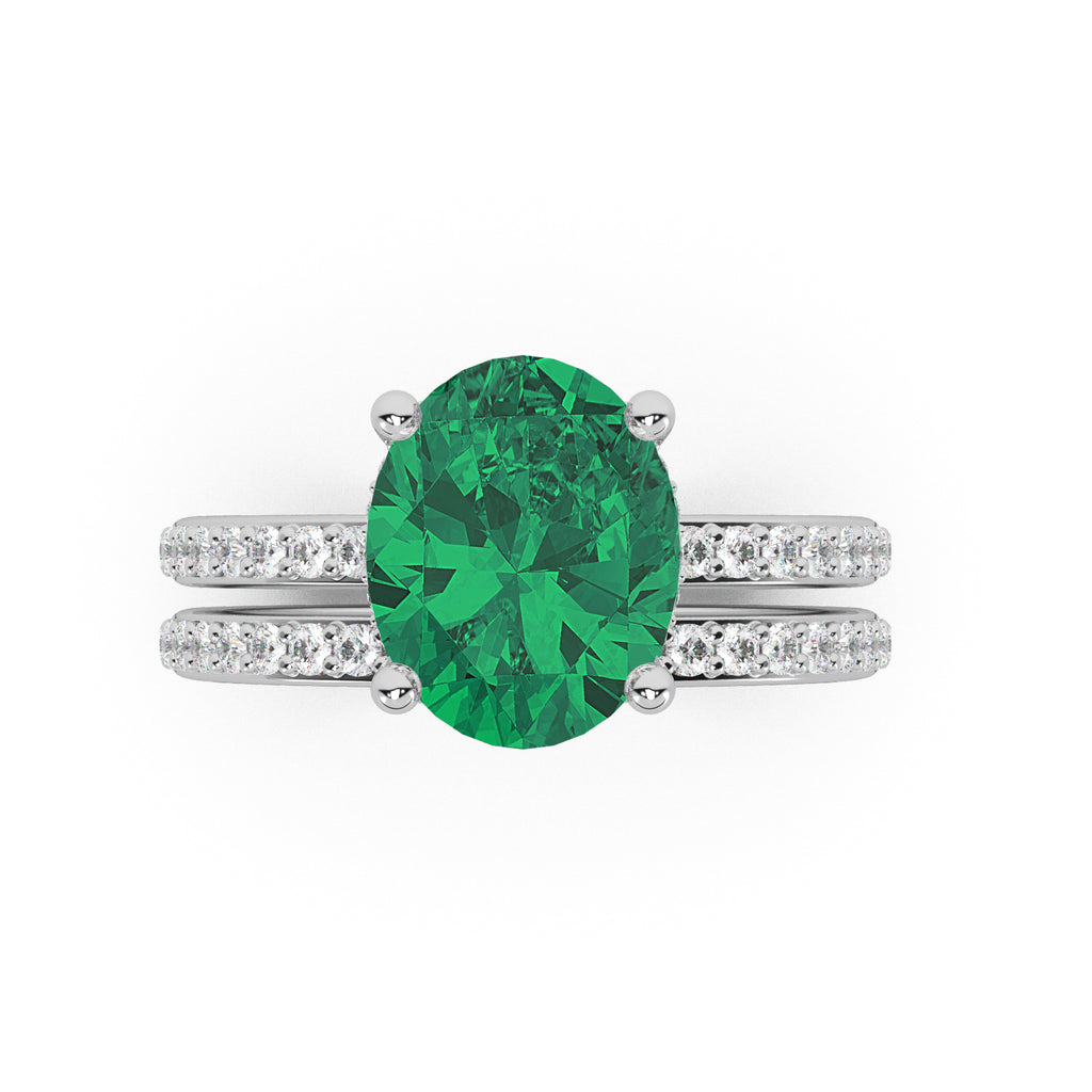Oval Cut Emerald with Hidden Halo Bridal Ring Set 14K White Gold (4.24ct)