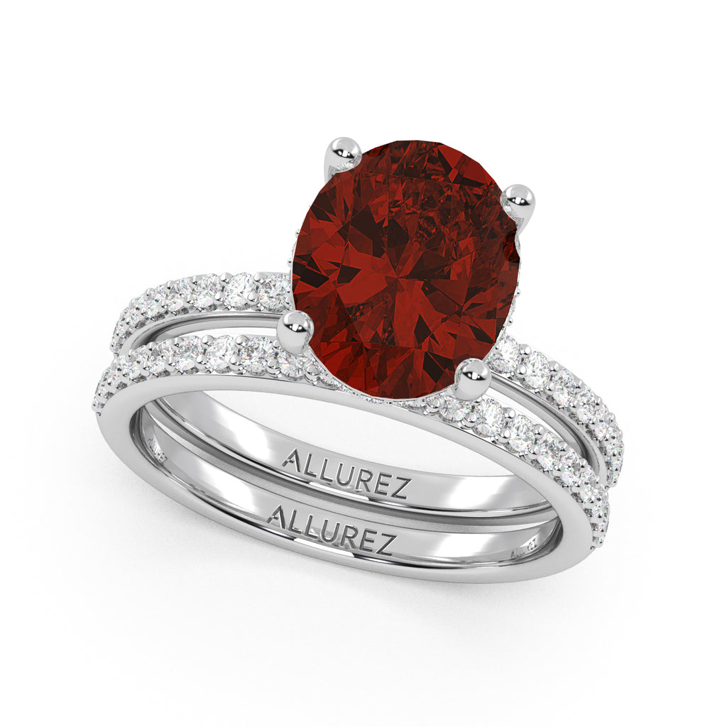 Oval Cut Garnet with Hidden Halo  Bridal Ring Set 14K White Gold (4.24ct)