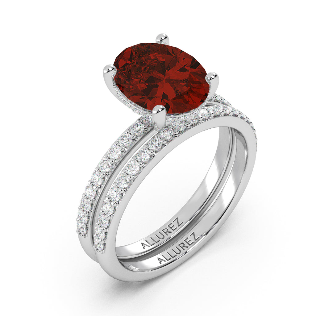 Oval Cut Garnet with Hidden Halo  Bridal Ring Set 14K White Gold (4.24ct)