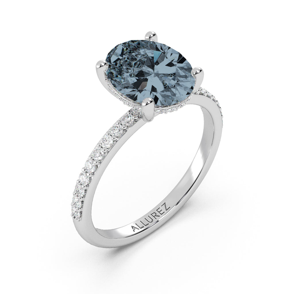 Oval Cut Gray Spinel with Hidden Halo  Engagement Ring 14K White Gold (4.00ct)