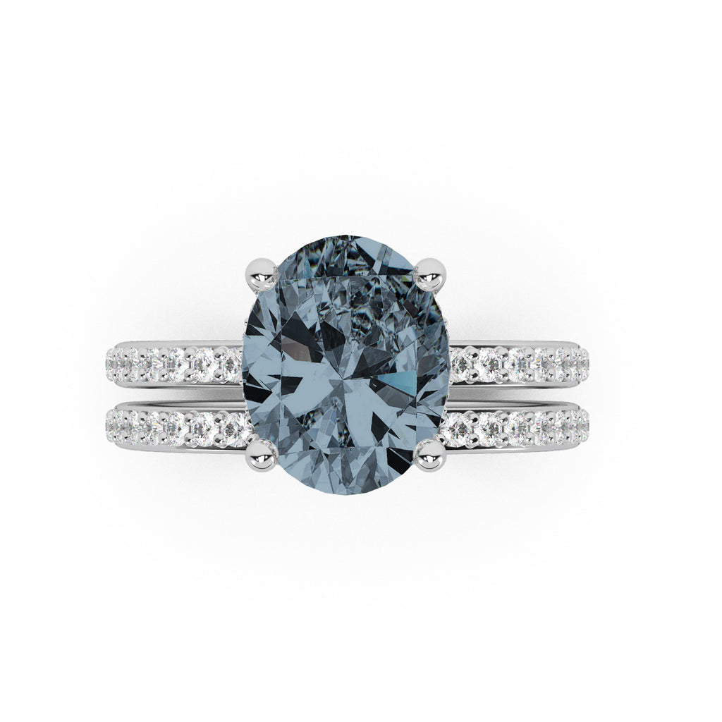 Oval Cut Gray Spinel with Hidden Halo  Bridal Ring Set 14K White Gold (4.22ct)