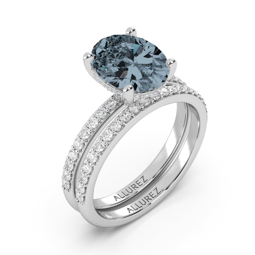 Oval Cut Gray Spinel with Hidden Halo  Bridal Ring Set 14K White Gold (4.22ct)