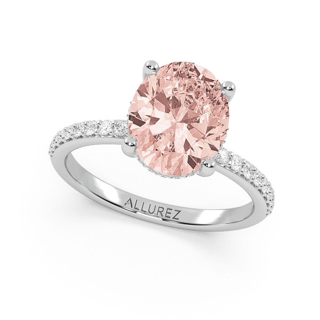 Oval Cut Morganite with Hidden Halo Engagement Ring 14K White Gold (3.80ct)