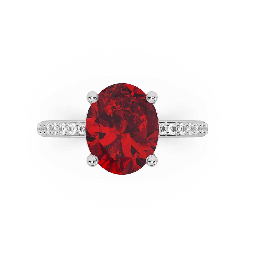 Oval Cut Lab Ruby with Hidden Lab Diamond Engagement Ring 14K White Gold (4.07ct)