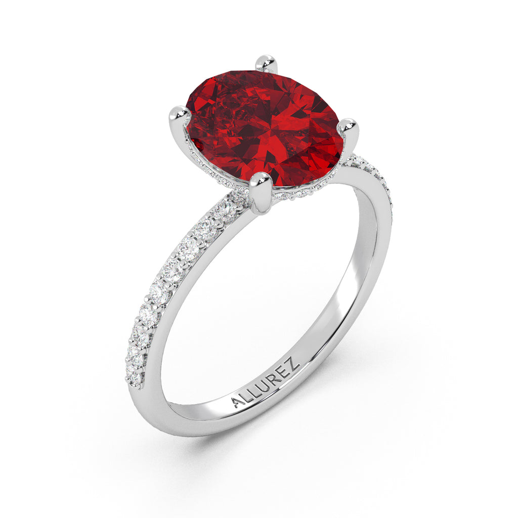 Oval Cut Lab Ruby with Hidden Lab Diamond Engagement Ring 14K White Gold (4.07ct)