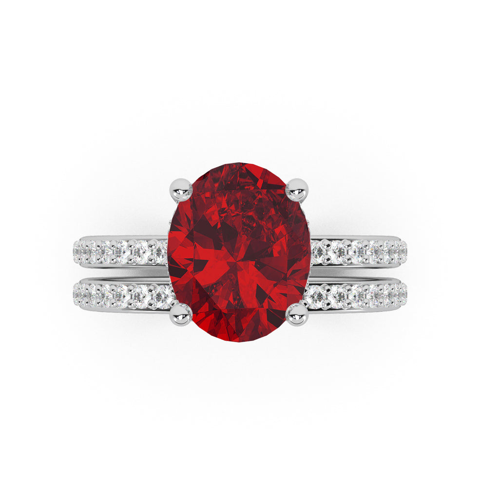 Oval Cut Lab Ruby with Hidden Lab Diamond Bridal Ring Set 14K White Gold (4.29ct)