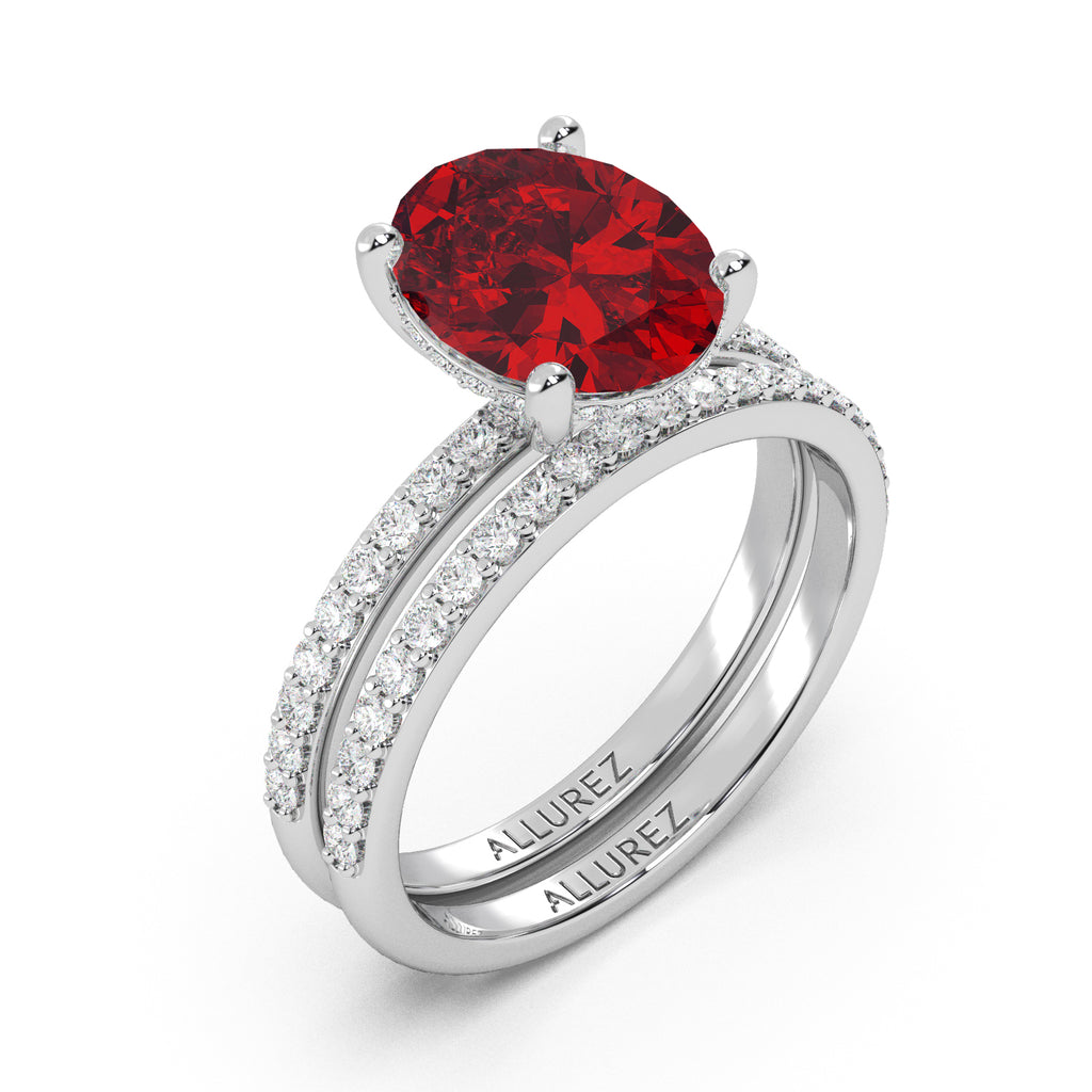 Oval Cut Ruby with Hidden Halo  Bridal Ring Set 14K White Gold (4.29ct)
