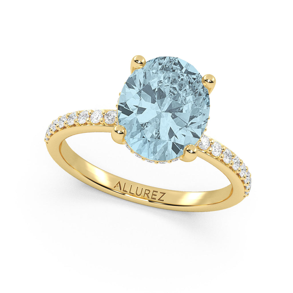 Oval Cut Aquamarine with Diamond Halo Engagement Ring 14K Yellow Gold (3.27ct)