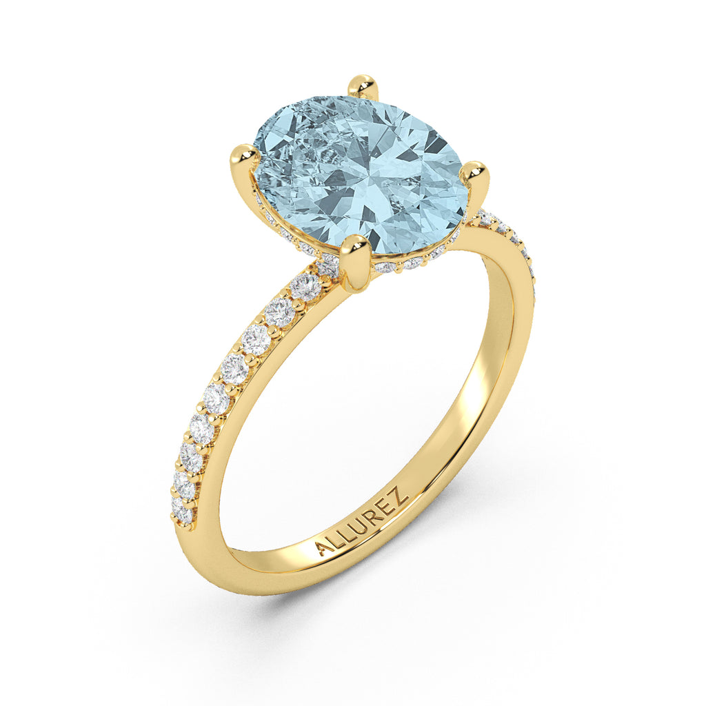 Oval Cut Aquamarine with Diamond Halo Engagement Ring 14K Yellow Gold (3.27ct)