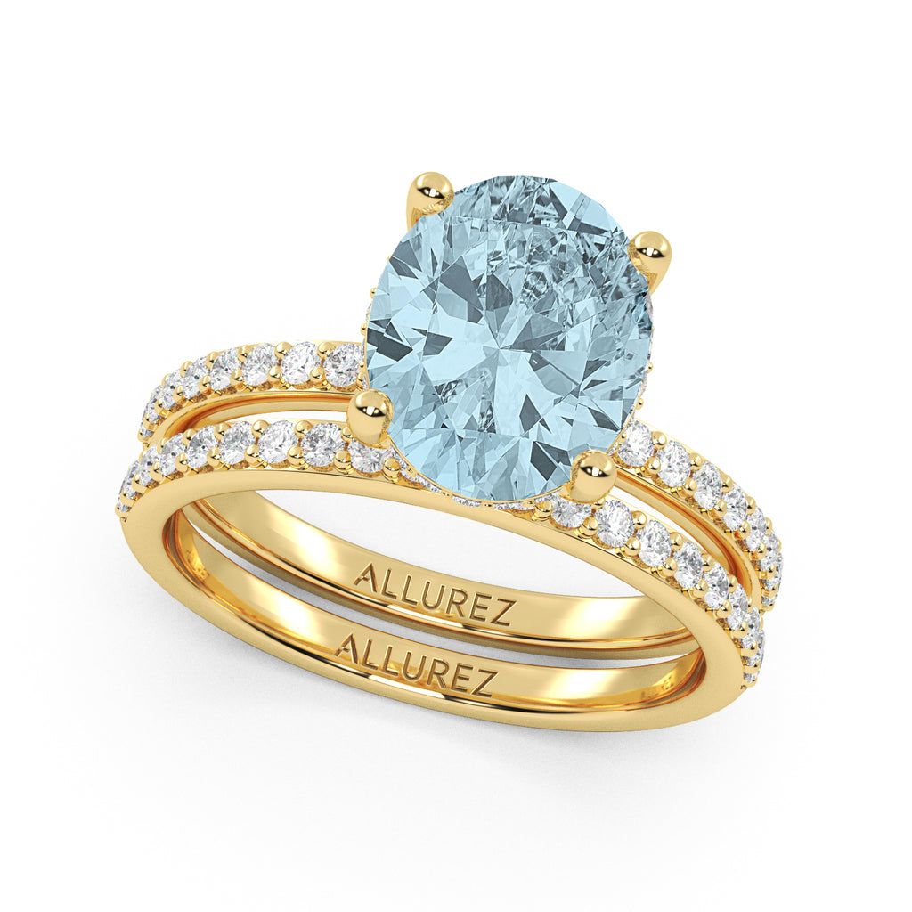 Oval Cut Aquamarine with Diamond Halo Bridal Ring Set 14K Yellow Gold (3.49ct)