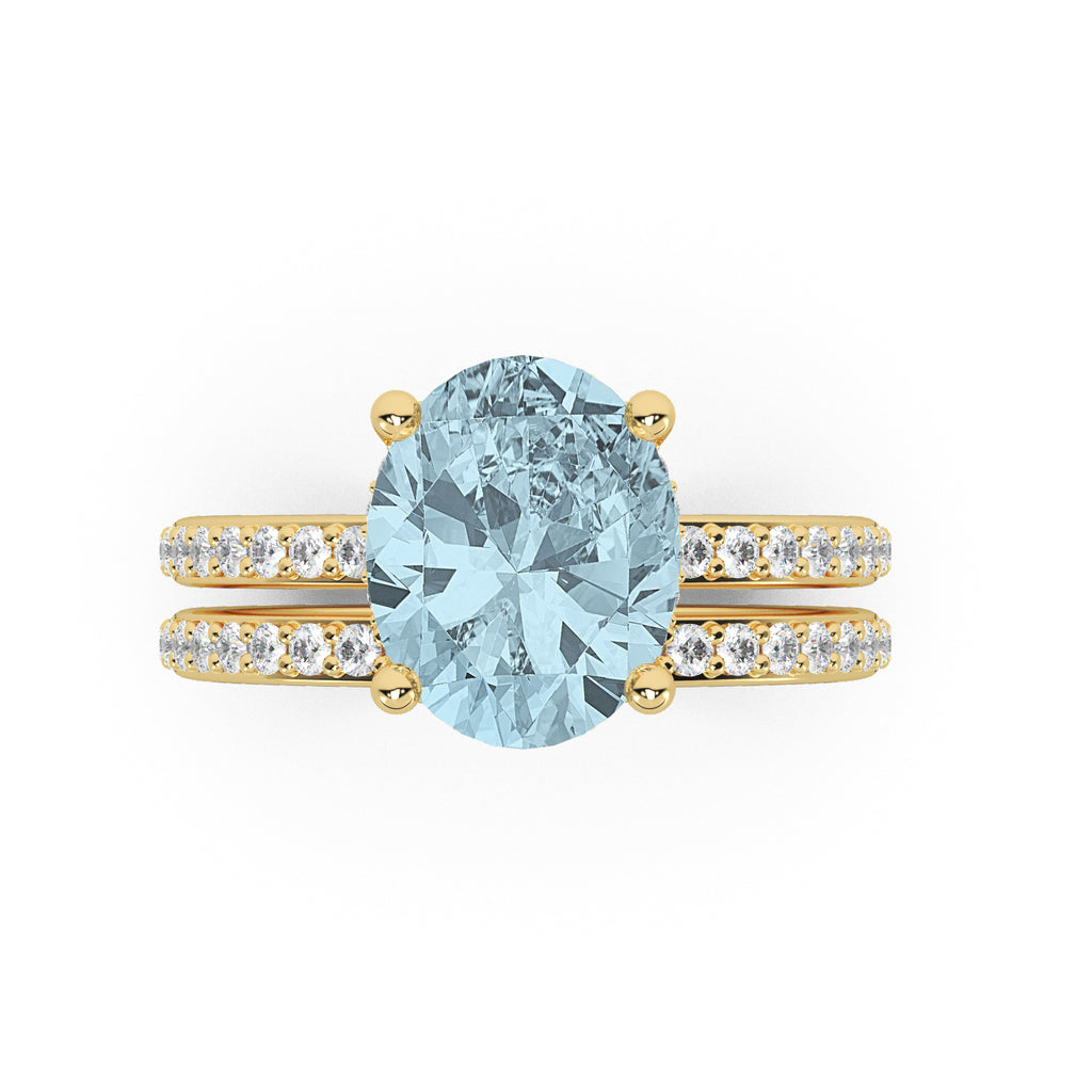 Oval Cut Aquamarine with Diamond Halo Bridal Ring Set 14K Yellow Gold (3.49ct)