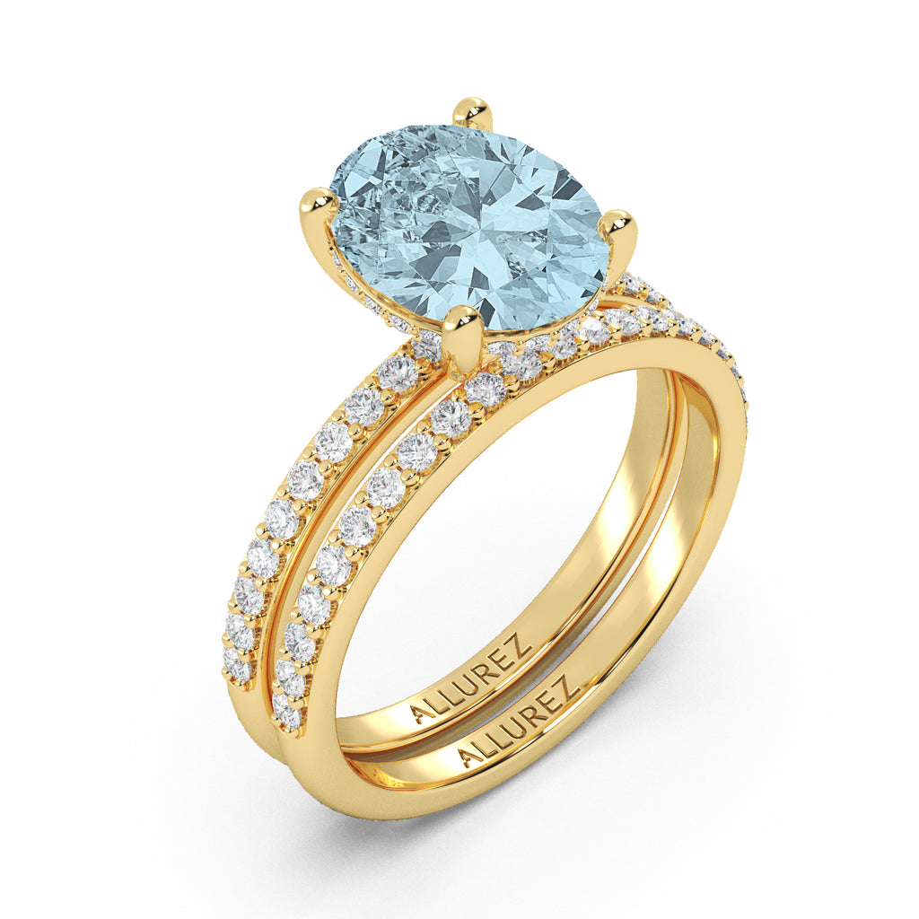 Oval Cut Aquamarine with Diamond Halo Bridal Ring Set 14K Yellow Gold (3.49ct)