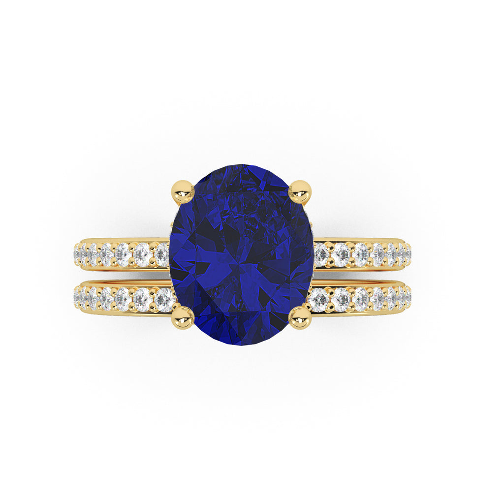 Oval Cut Blue Sapphire & Diamond Bridal Ring Set 14K Yellow Gold (4.29ct)