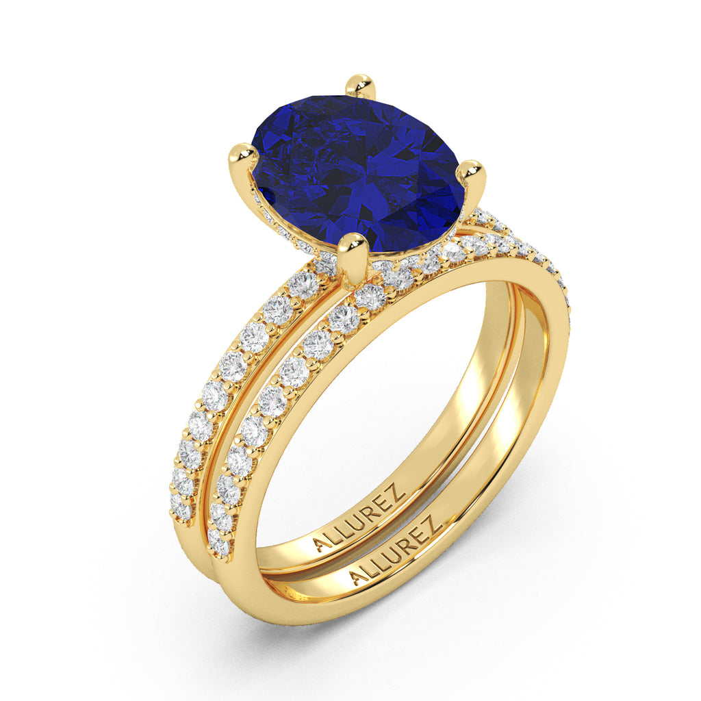 Oval Cut Blue Sapphire & Diamond Bridal Ring Set 14K Yellow Gold (4.29ct)