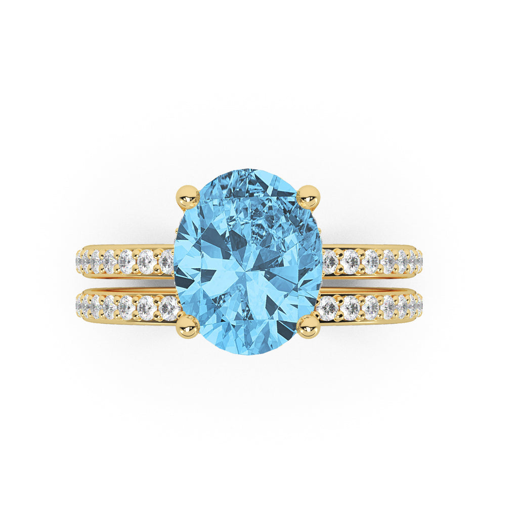 Oval Cut Blue Topaz with Diamond Halo Bridal Ring Set 14K Yellow Gold (4.99ct)