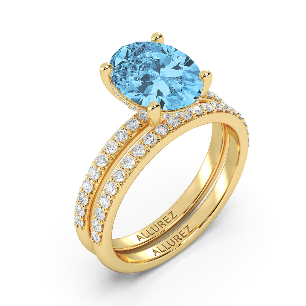 Oval Cut Blue Topaz with Diamond Halo Bridal Ring Set 14K Yellow Gold (4.99ct)