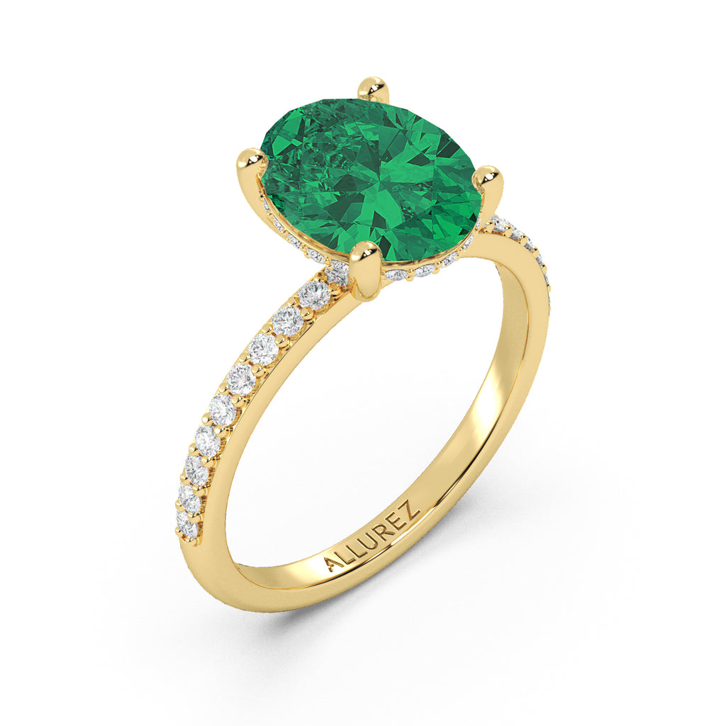 Oval Cut Lab Emerald with Hidden Halo Engagement Ring 14K Yellow Gold (4.02ct)