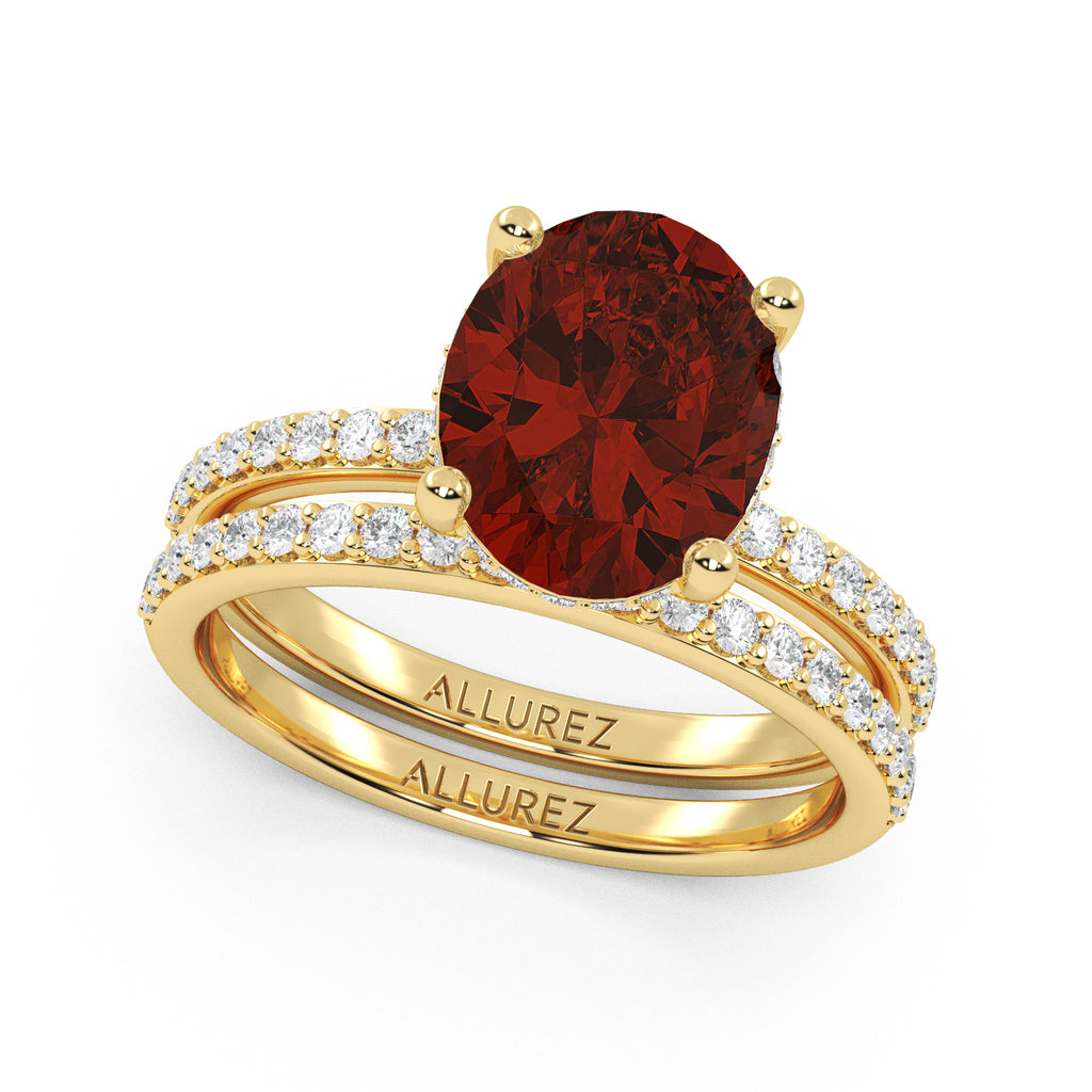 Oval Cut Garnet with Hidden Halo Bridal Ring Set 14K Yellow Gold (4.24ct)