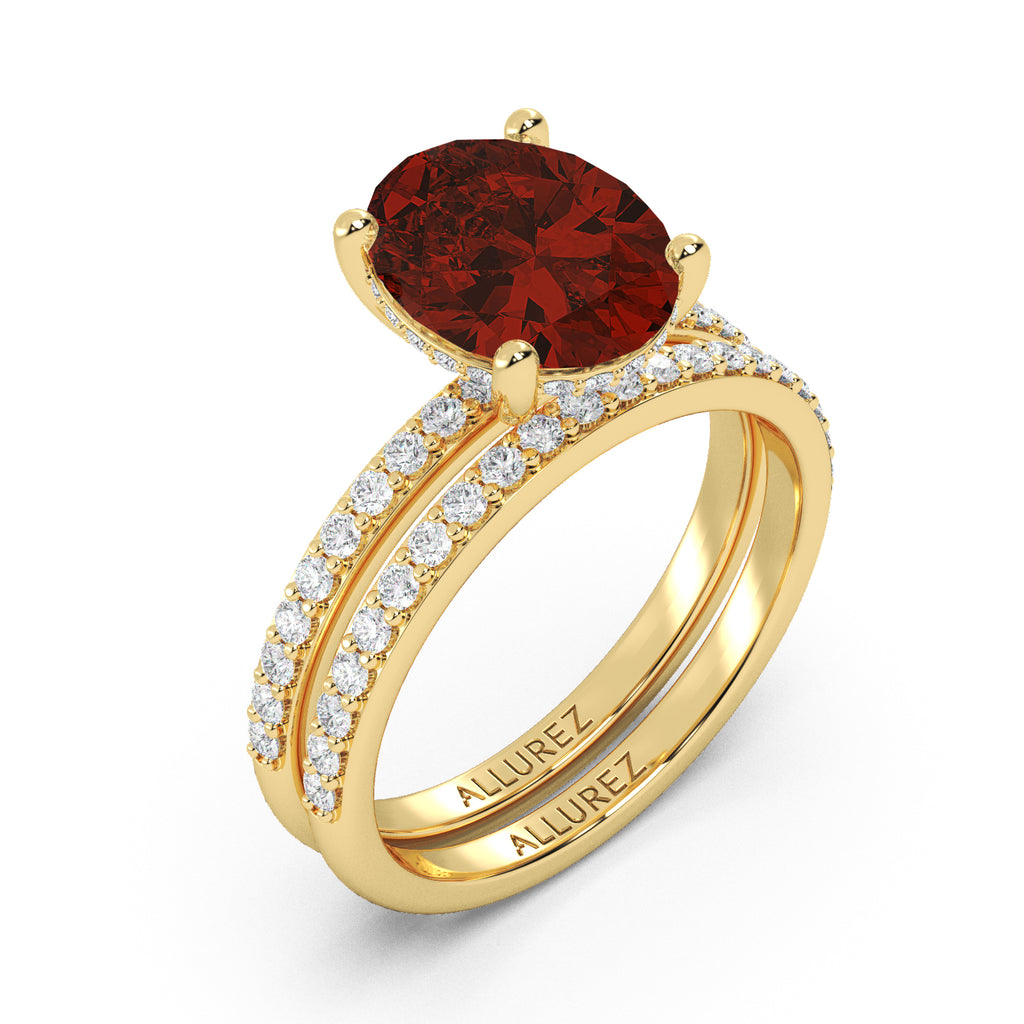 Oval Cut Garnet with Hidden Halo Bridal Ring Set 14K Yellow Gold (4.24ct)