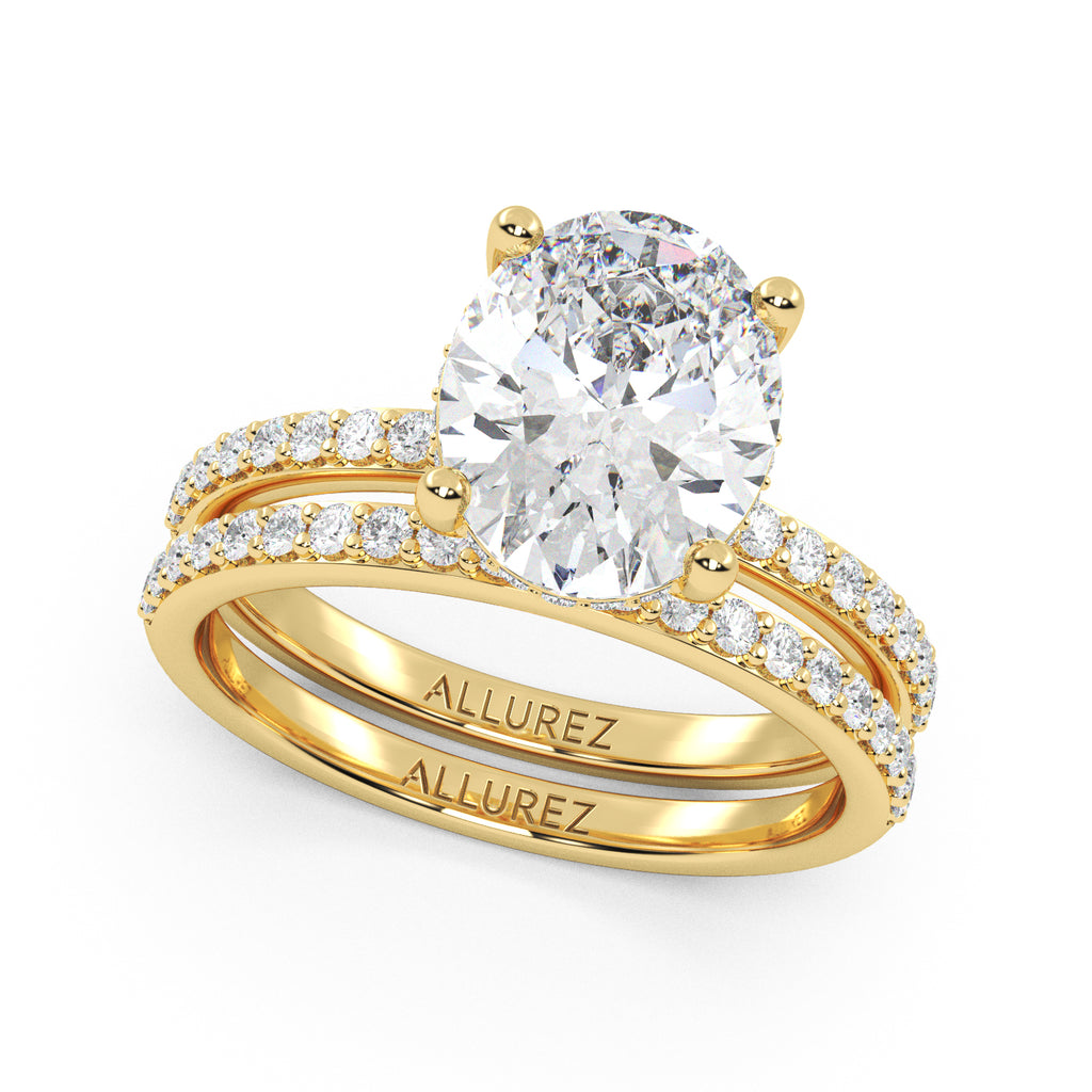 Oval Cut Lab Hidden Halo Bridal Ring Set 14K Yellow Gold (4.49ct)