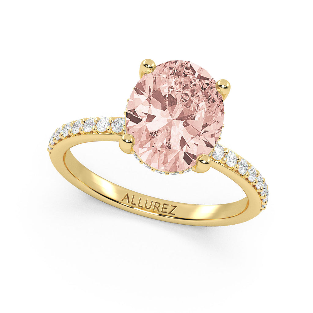 Oval Cut Morganite with Hidden Halo Engagement Ring 14K Yellow Gold (3.80ct)