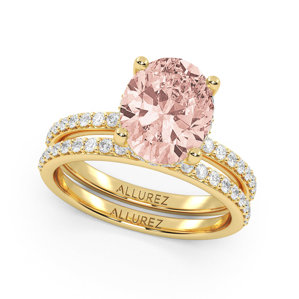 Oval Cut Morganite with Hidden Halo  Bridal Ring Set 14K Yellow Gold (4.02ct)