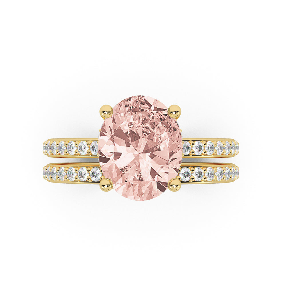 Oval Cut Morganite with Hidden Halo  Bridal Ring Set 14K Yellow Gold (4.02ct)
