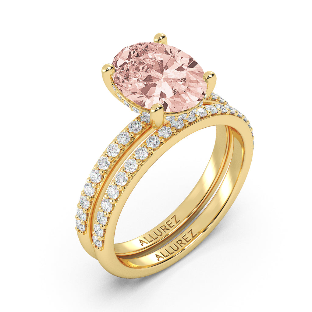 Oval Cut Morganite with Hidden Halo  Bridal Ring Set 14K Yellow Gold (4.02ct)