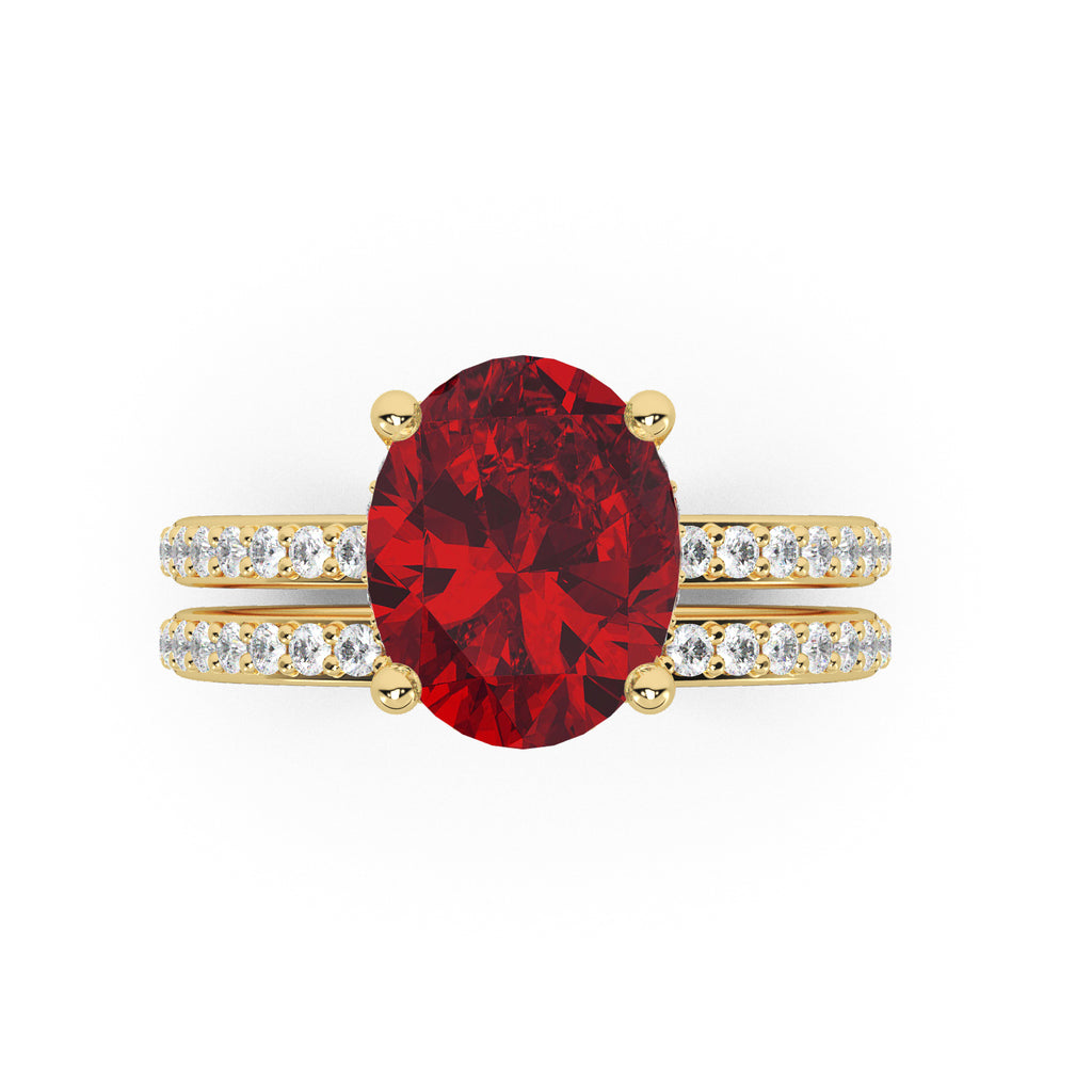 Oval Cut Lab Ruby with Hidden Lab Diamond Bridal Ring Set 14K Yellow Gold (4.29ct)
