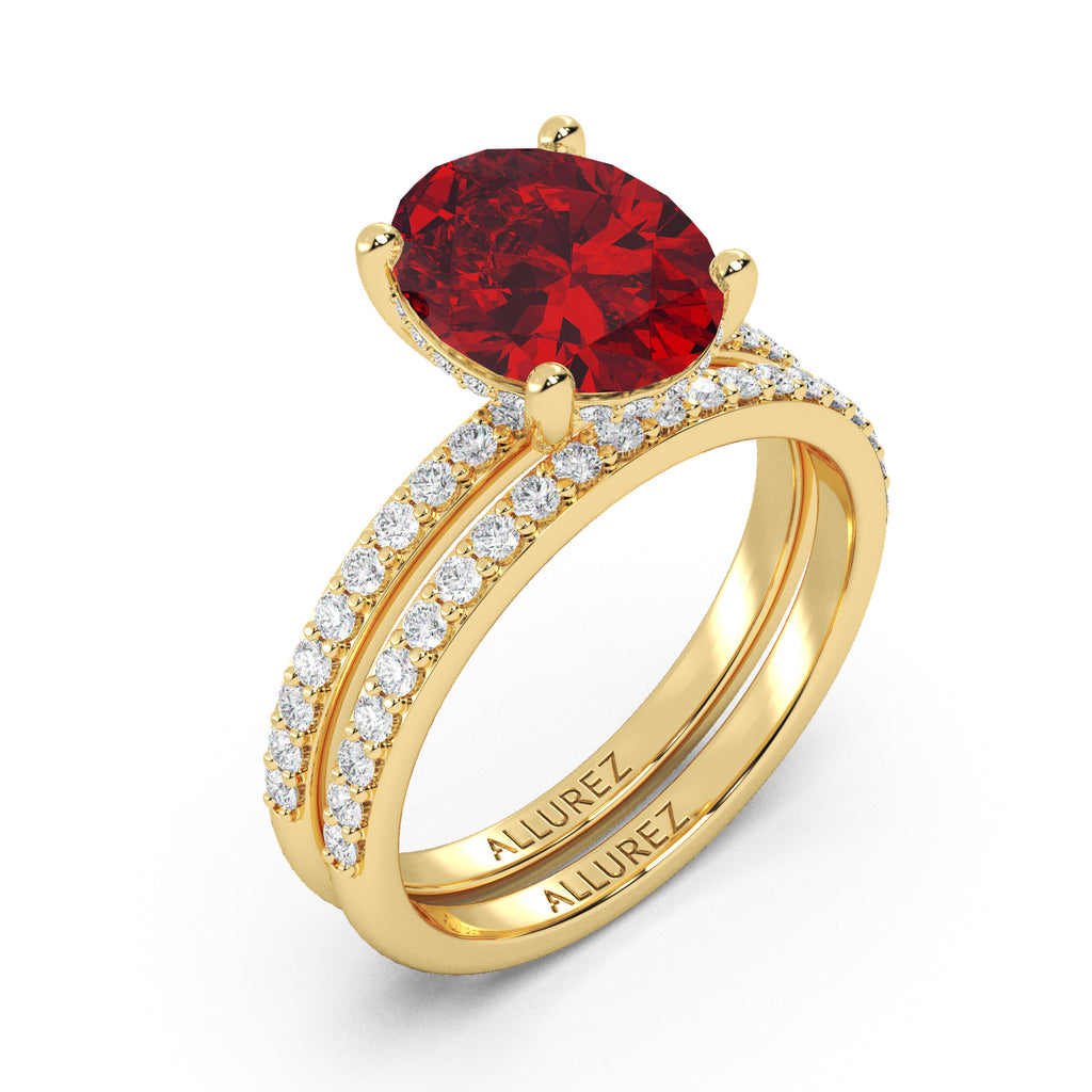Oval Cut Lab Ruby with Hidden Lab Diamond Bridal Ring Set 14K Yellow Gold (4.29ct)