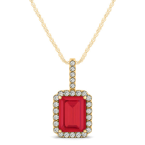 Diamond & Emerald Cut Ruby Halo Pendant Necklace 14k Yellow Gold (1.34ct)