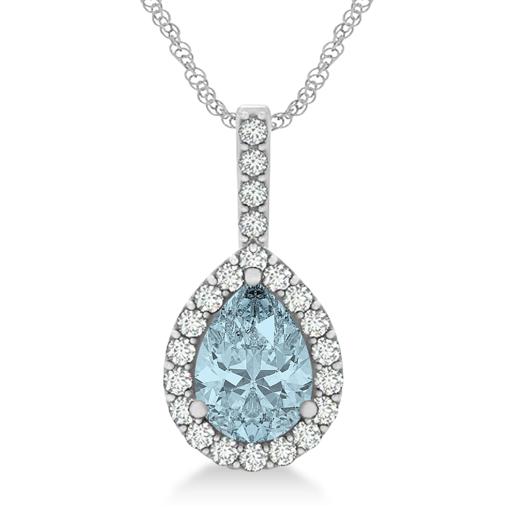 Pear Shape Diamond & Aquamarine Halo Pendant 14k White Gold 2.20ct