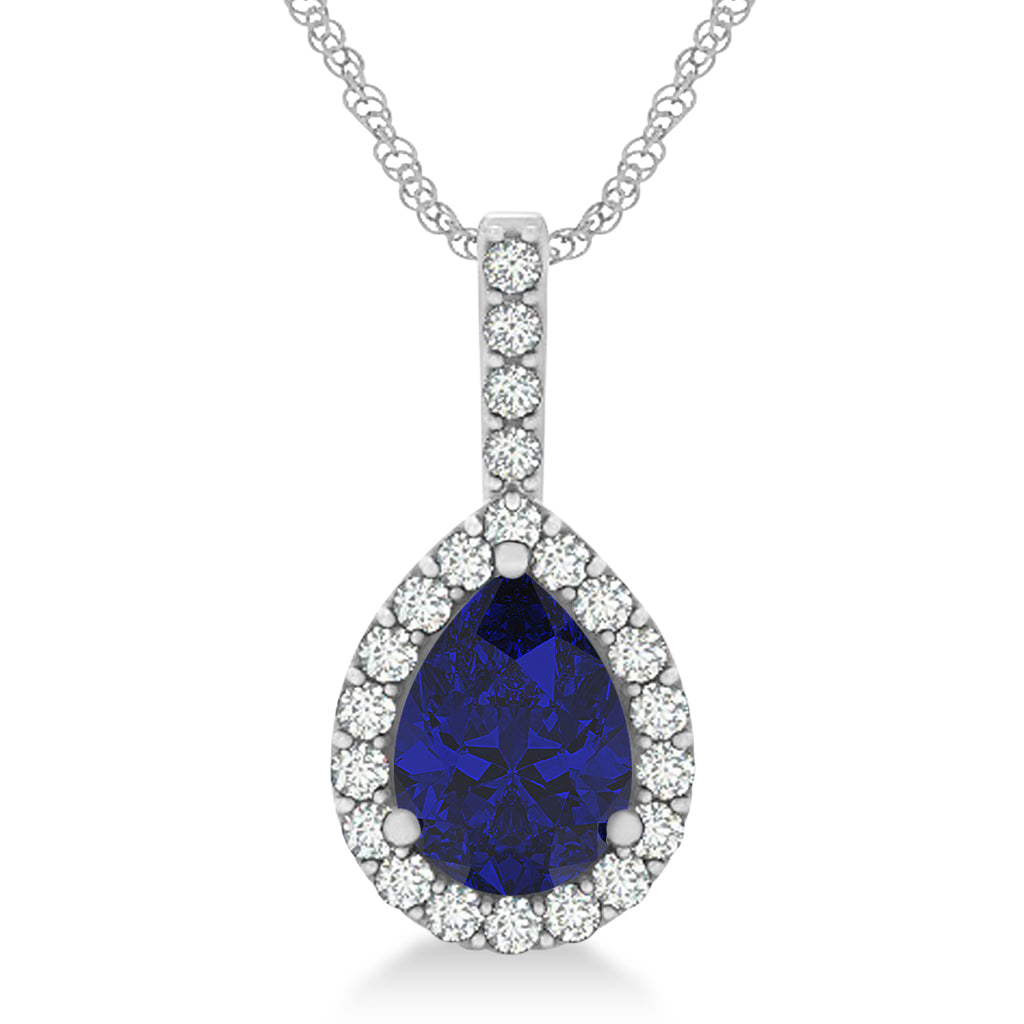 Pear Shape Diamond & Blue Sapphire Halo Pendant 14k White Gold 2.20ct