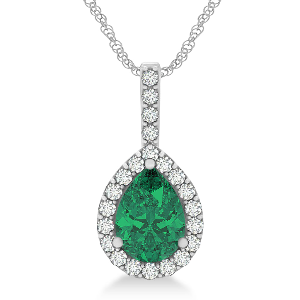Pear Shape Diamond & Emerald Halo Pendant 14k White Gold 2.20ct
