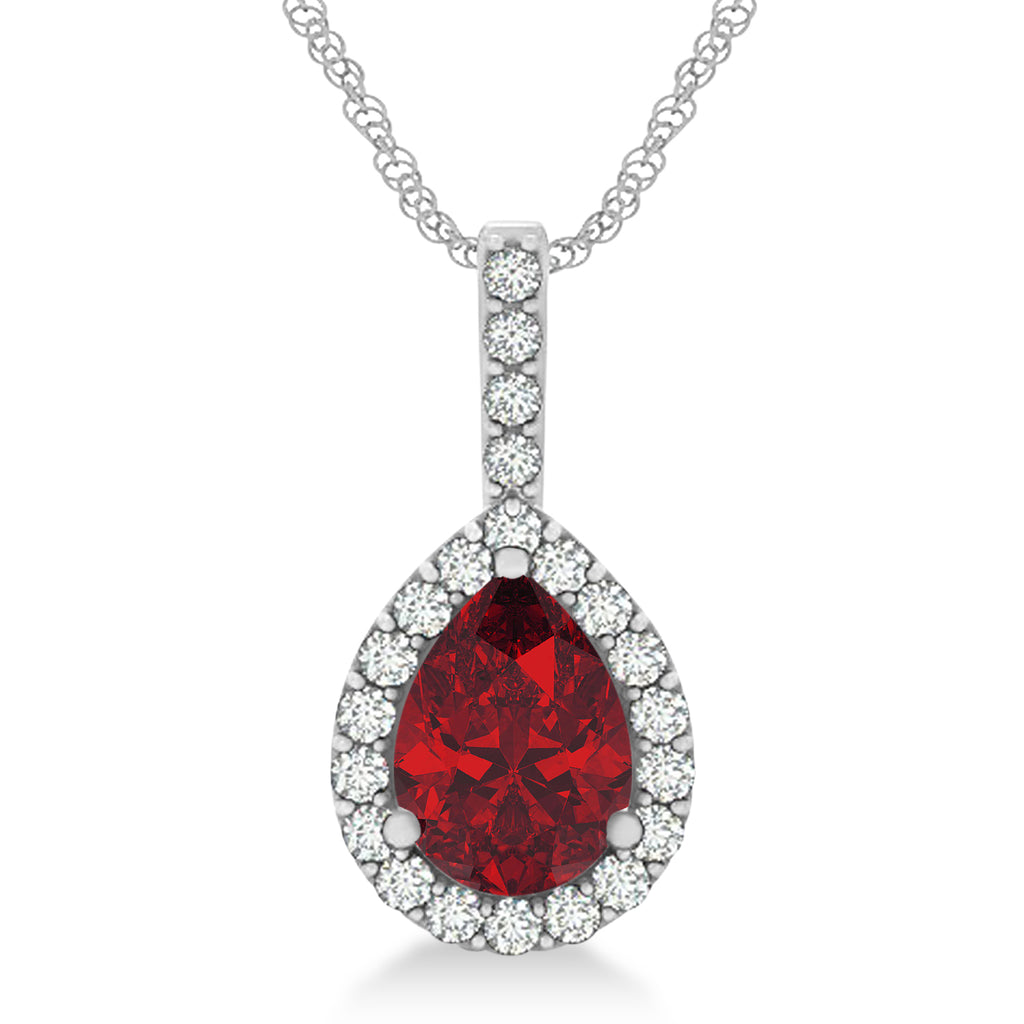 Pear Shape Lab Diamond & Ruby Halo Pendant 14k White Gold 2.20ct