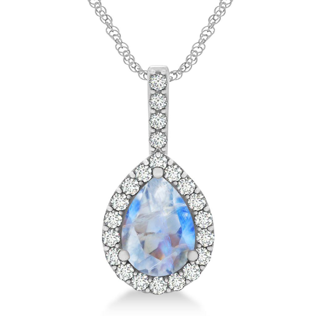 Pear Shape Diamond & Moonstone Halo Pendant 14k White Gold 2.20ct