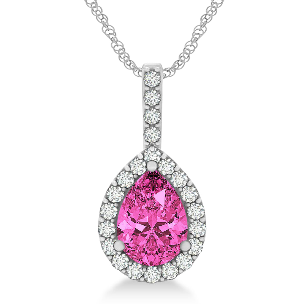 Pear Shape Diamond & Pink Tourmaline Halo Pendant 14k White Gold 2.20ct