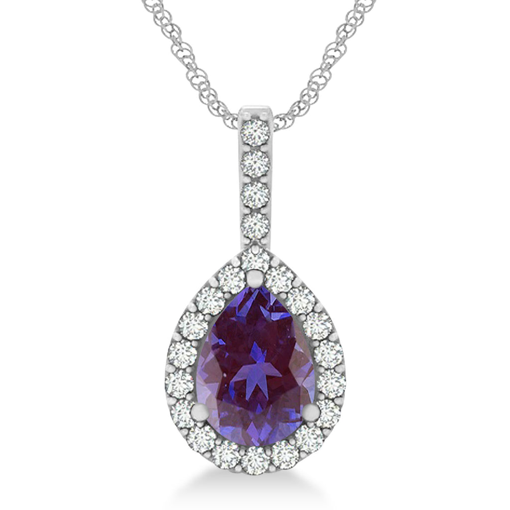 Pear Shape Diamond & Lab Alexandrite Halo Pendant 14k White Gold 1.25ct