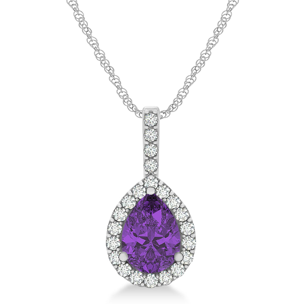 Pear Shape Diamond & Amethyst Halo Pendant 14k White Gold 1.25ct