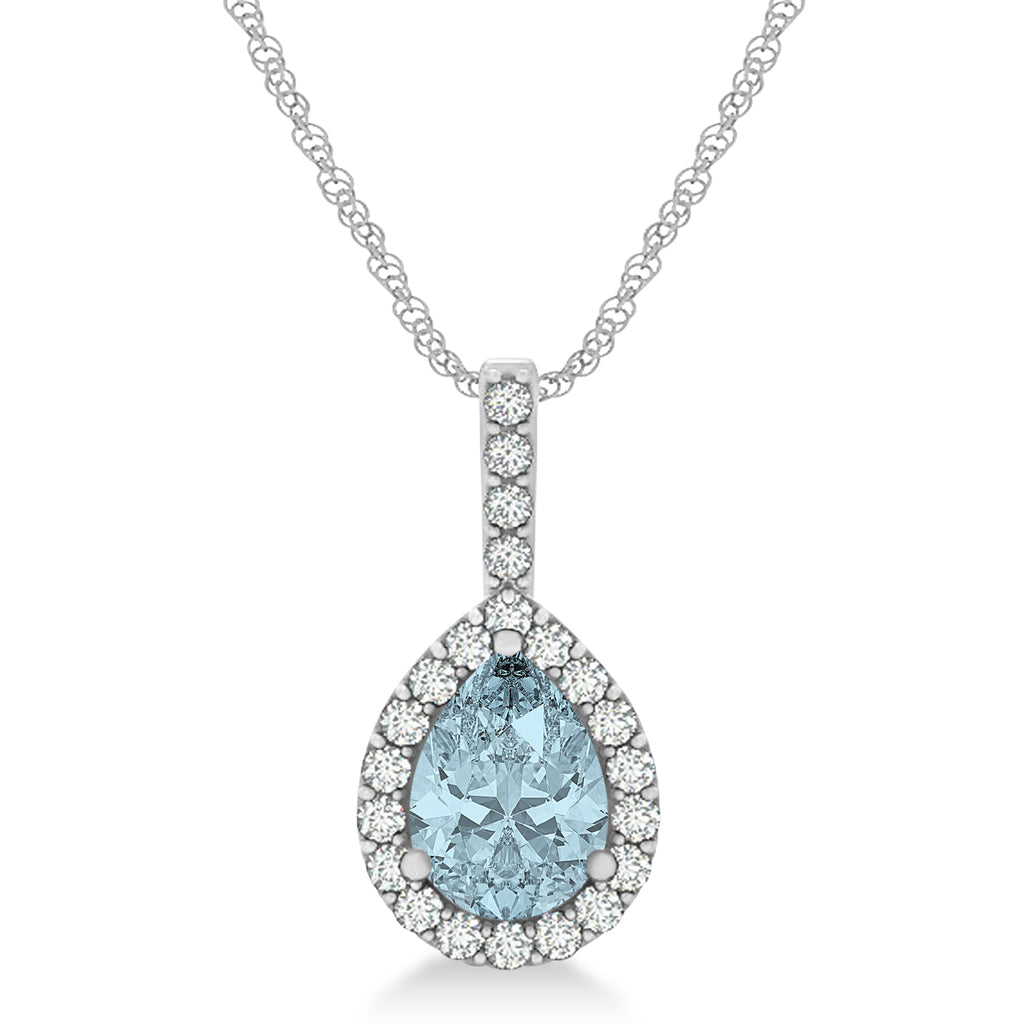 Pear Shape Diamond & Aquamarine Halo Pendant 14k White Gold 1.25ct