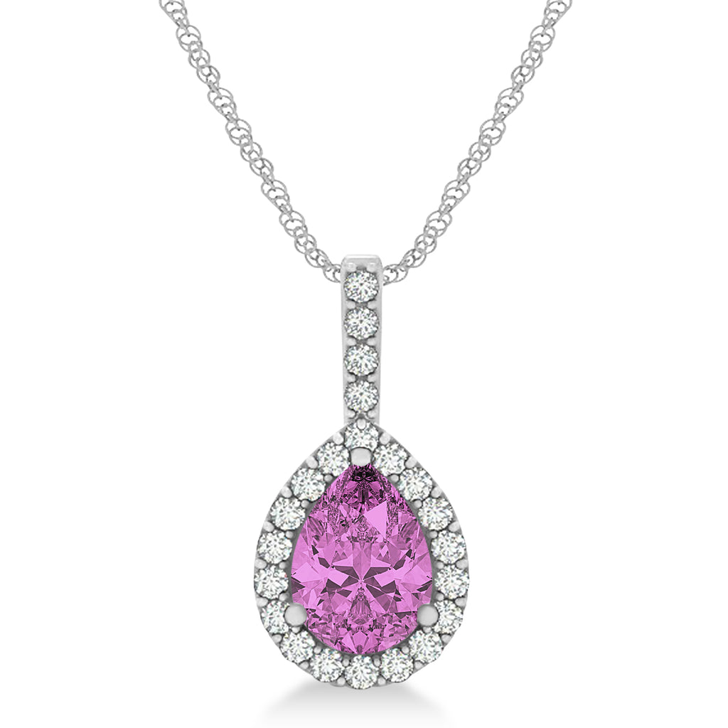 Pear Shape Diamond & Pink Sapphire Halo Pendant 14k White Gold 1.25ct